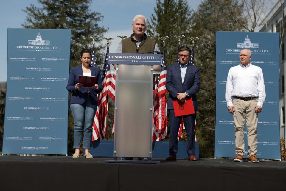 House Majority Whip Rep. Tom Emmer (R-MN) speaks as Speaker of the House Rep. Mike Johnson (R-LA) (3rd L), House Majority Leader Rep. Steve Scalise (R-LA) and House Republican Conference Chair Rep. Elise Stefanik (R-NY) listen