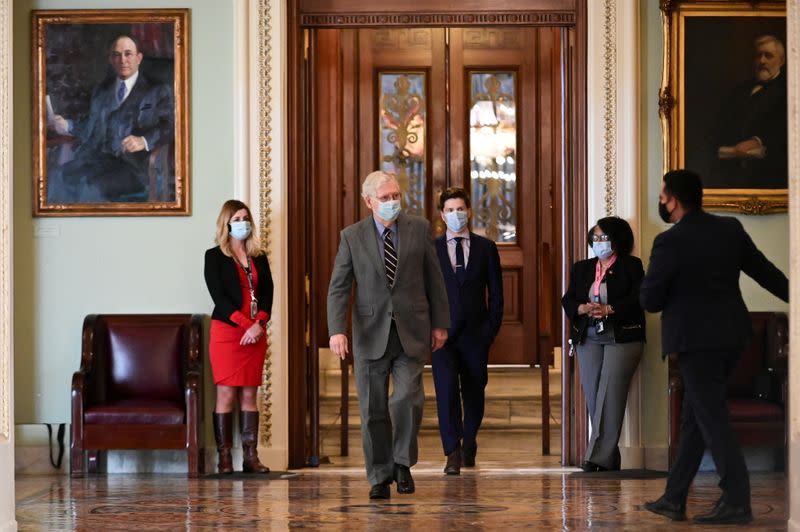 Senate Minority Leader McConnell exits the Senate floor in the U.S. Capitol in Washington