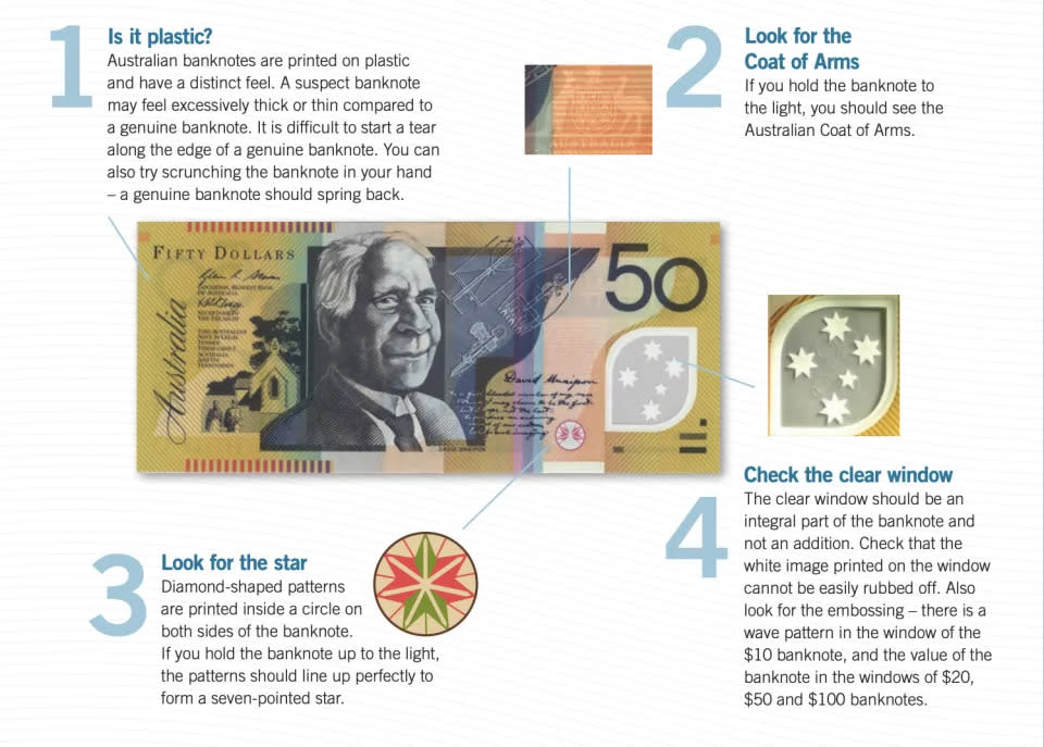 Here's some handy tips to help identify if you've been given a fake note. 