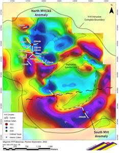 Drill hole locations relative to the outline of the overall multiphase intrusive complex at H-K, plotted on an RTP magnetic base map derived from the ultra-high-resolution drone magnetic survey expanded in March 2022.