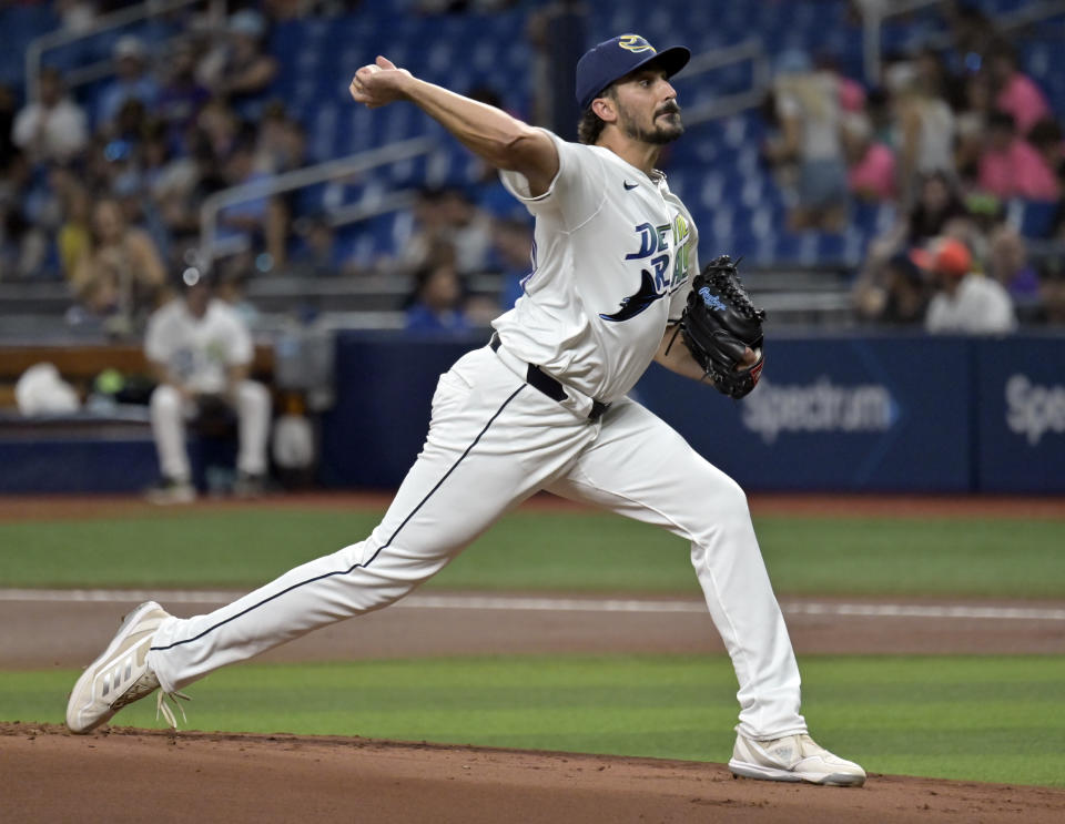 Tampa Bay Rays starter Zach Eflin pitches against the Washington Nationals during the first inning of a baseball game Friday, June 28, 2024, in St. Petersburg, Fla. (AP Photo/Steve Nesius)