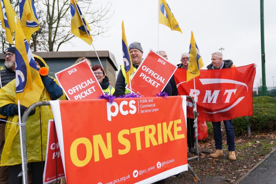 Striking Border Force staff on the picket line at Birmingham Airport (Jacob King/PA) (PA Wire)