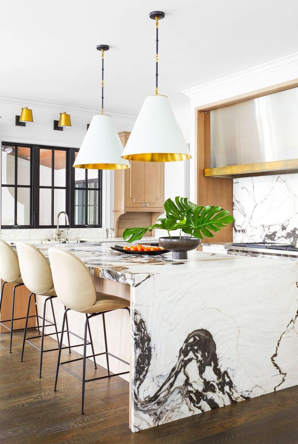 modern kitchen with dark veining on island