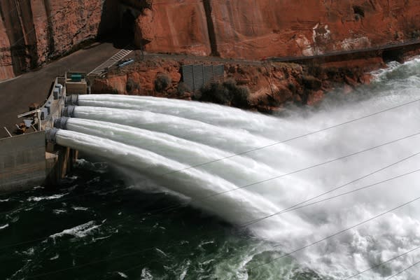 View from top of Glen Canyon Dam of jet tubes during the 2008 flood test.