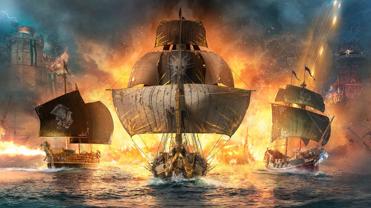  Skull and Bones key art - three ships approaching the viewer with fire in the background. 