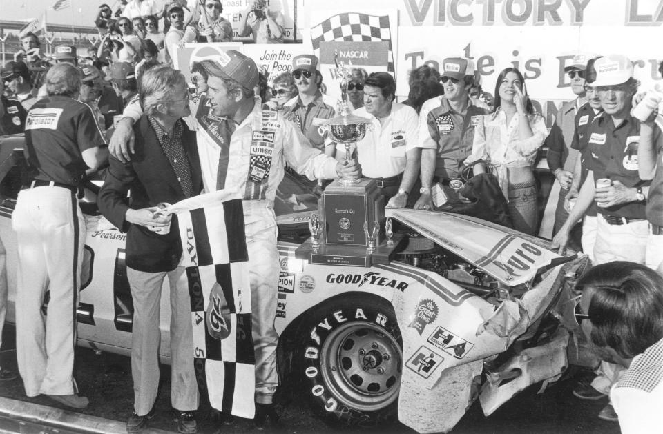 David Pearson celebrates his 1976 Daytona 500 victory.