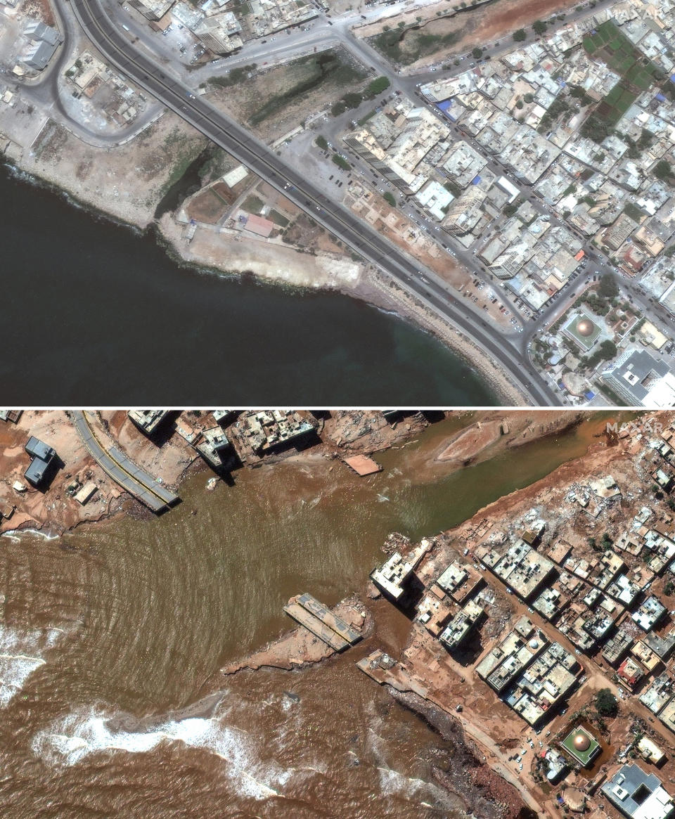 This combination of satellite images from Maxar Technologies shows a coastal roadway in Derna, Libya, on July 1, 2023, top, and the same flood damaged area on Wednesday, Sept. 13, 2023. The destruction came to Derna and other parts of eastern Libya on Sunday night, Sept. 10, 2023. As the storm pounded the coast, Derna residents said they heard loud explosions and realized that dams outside the city had collapsed. Flash floods were unleashed down Wadi Derna, a river running from the mountains through the city and into the sea. (Satellite image ©2023 Maxar Technologies via AP)