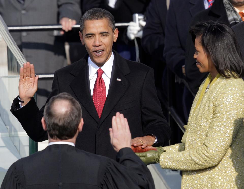 Barack Obama takes the oath of office from Chief Justice John Roberts, Jan. 20, 2009. It didn't go as planned so they did it again the next day in the White House.