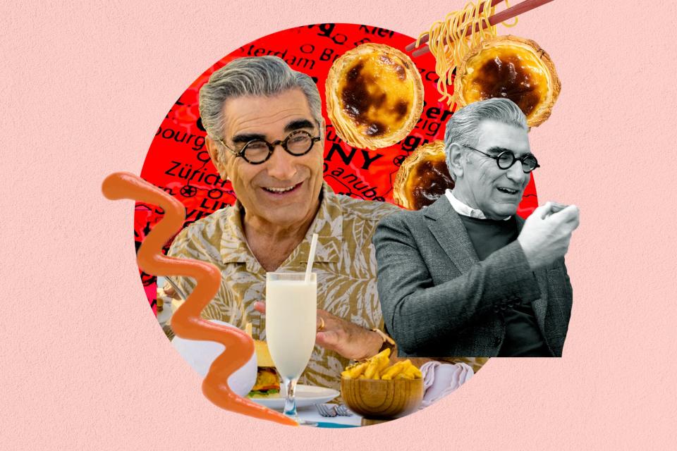 a collage featuring stills from Eugene Levy's &quot;The Reluctant Traveler&quot; with food and a map