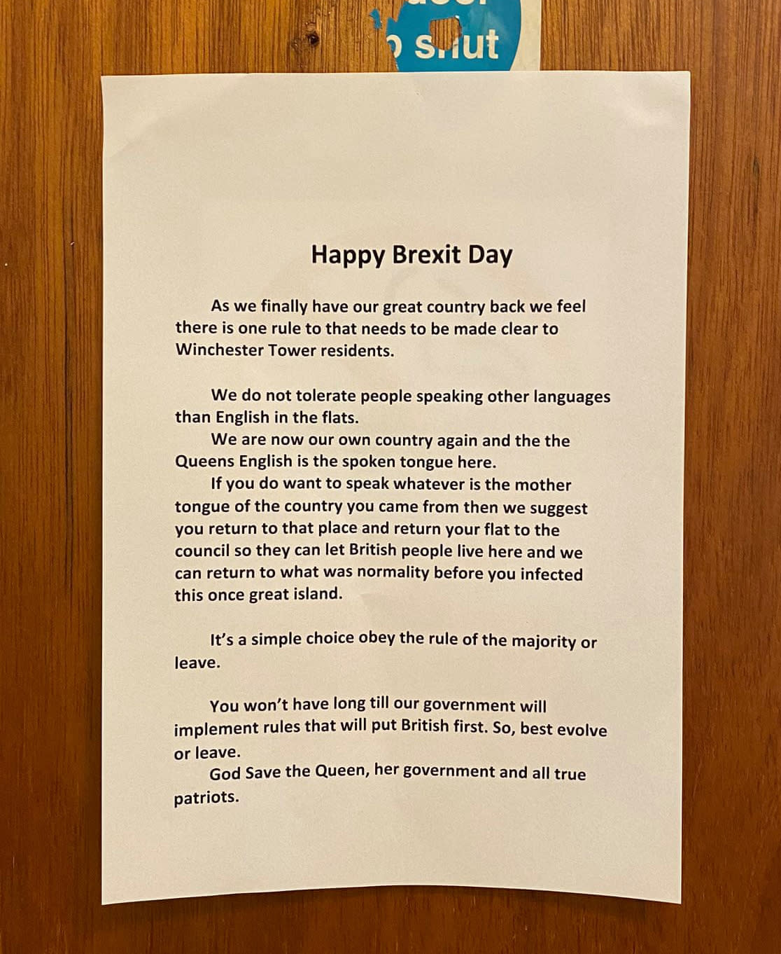 Brexit poster demanding tower block residents speak English reported to police