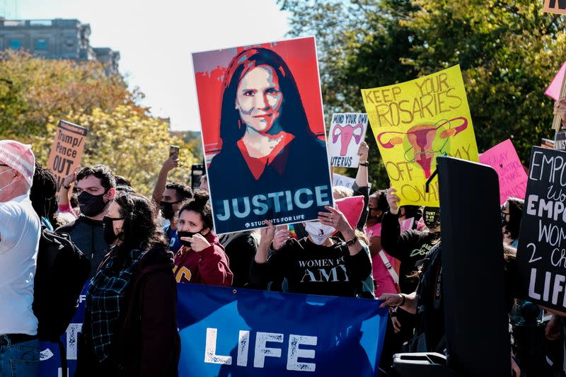 Women's March activists participate in a nationwide protest against U.S. President Donald Trump's decision to fill the seat on the Supreme Court