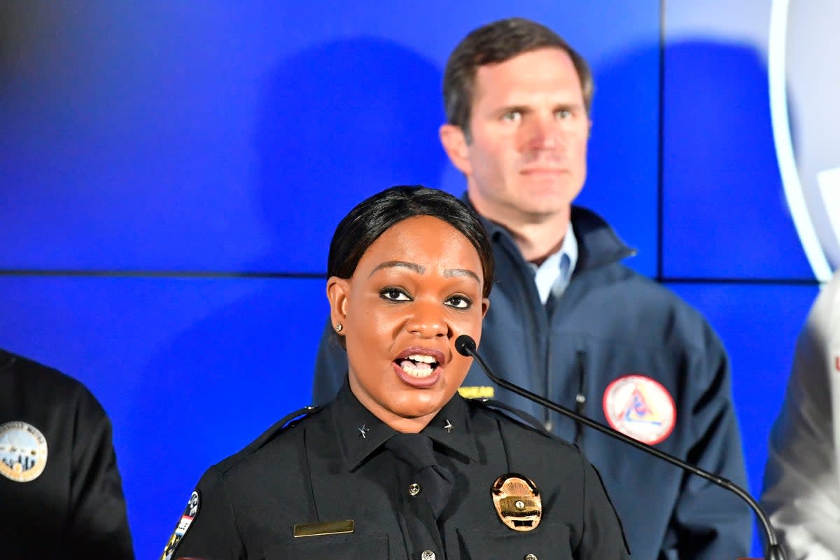 Louisville Metro Interim Police Chief Jacquelyn Gwinn-Villaroelin speaks to reporters during a press conference Louisville, Ky., Monday, April 10, 2023 (AP)