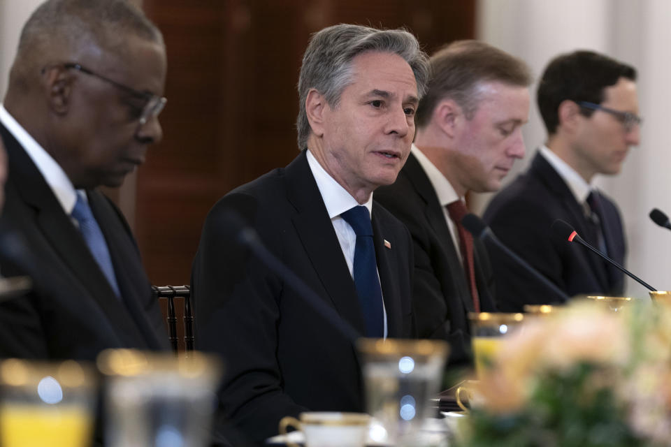 Secretary of State Antony Blinken speaks during a bilateral meeting with Philippines Foreign Affairs Secretary Enrique Manalo at the Department of State in Washington, Friday April 12, 2024. (AP Photo/Jose Luis Magana)