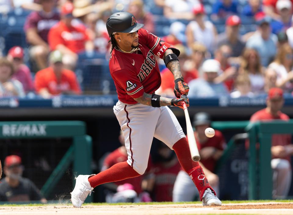 Arizona Diamondbacks second baseman Ketel Marte (4) hits a single during the first inning against the Philadelphia Phillies at Citizens Bank Park in Philadelphia on May 24, 2023.