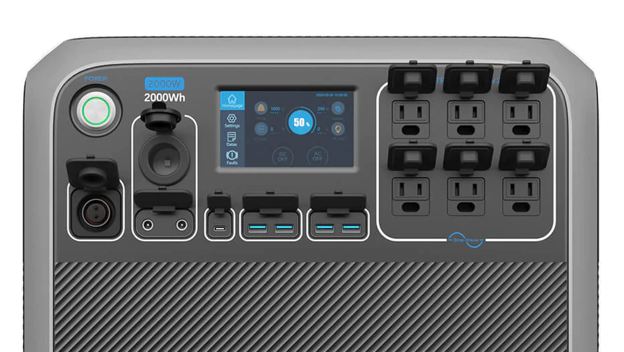 The AC200P's touchscreen control panel, surrounded by the various power ports.