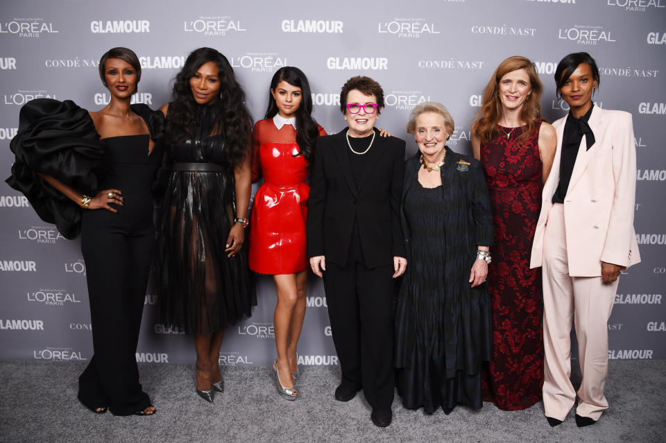 NEW YORK, NY - NOVEMBER 09:  (L-R): Model Iman, Tennis player Serena Wililams, Serena Gomez, Former Tennis player Billie Jean King, Former U.S. Secretary of State Madeleine Albright, U.S. Ambassador to the United Nations Samantha Power, and model Liya Kebede attend the 2015 Glamour Women Of The Year Awards at Carnegie Hall on November 9, 2015 in New York City.  (Photo by Dimitrios Kambouris/Getty Images for Glamour)