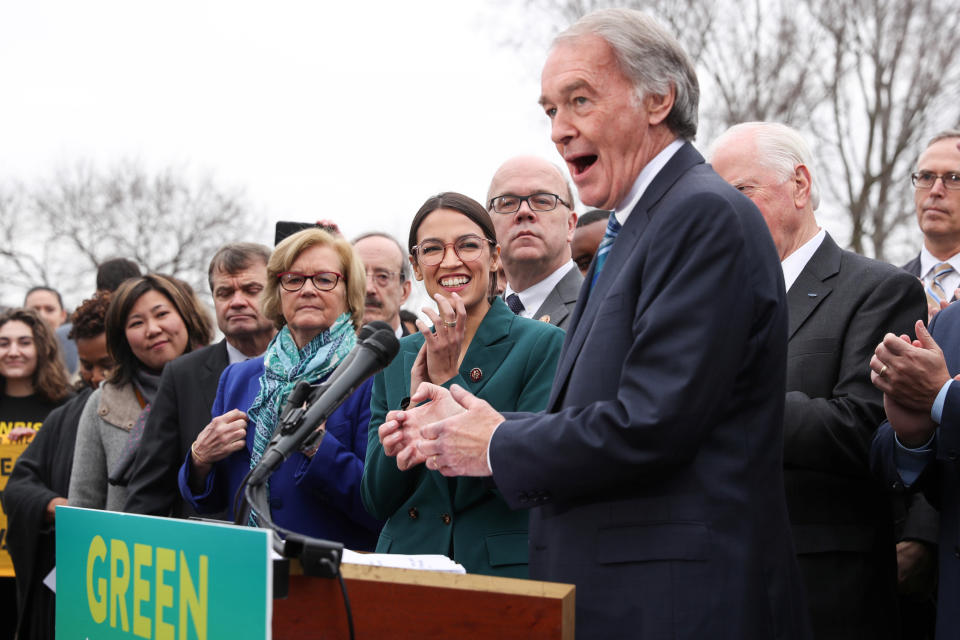 U.S. Representative Alexandria Ocasio-Cortez (D-NY) and Senator Ed Markey (D-MA) hold a news conference for their proposed "Green New Deal" to achieve net-zero greenhouse gas emissions in 10 years, at the U.S. Capitol in Washington on February 7, 2019.  (Jonathan Ernst/Reuters)