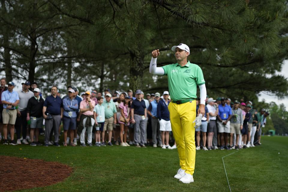 Sergio Garcia, of Spain, stands in the second cut on the first hole during the first round at the Masters golf tournament at Augusta National Golf Club Thursday, April 11, 2024, in Augusta, Ga. (AP Photo/Matt Slocum)