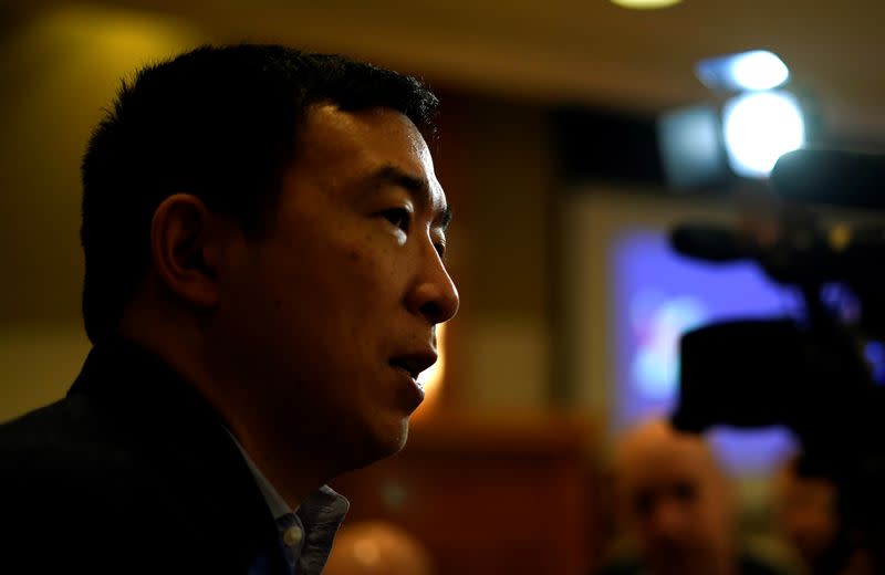 Democratic 2020 U.S. presidential candidate and entrepreneur Andrew Yang does an interview after speaking at a town hall meeting in Sioux City