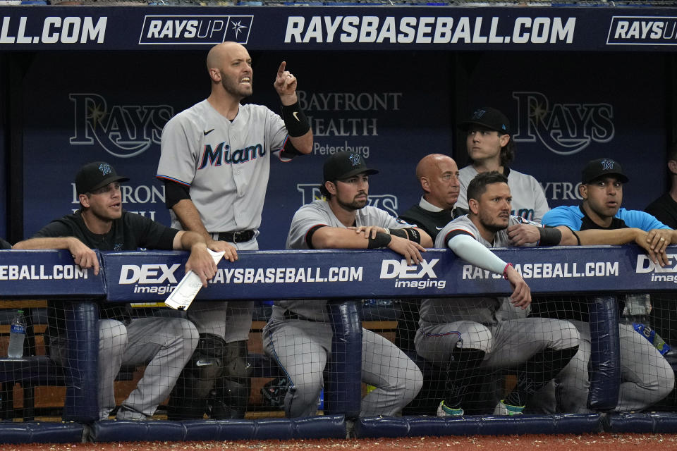 Miami Marlins' Jacob Stallings, second from left, screams at umpires after it was ruled that a fly ball by Jorge Soler went foul during the eighth inning of a baseball game against the Tampa Bay Rays Wednesday, May 25, 2022, in St. Petersburg, Fla. (AP Photo/Chris O'Meara)