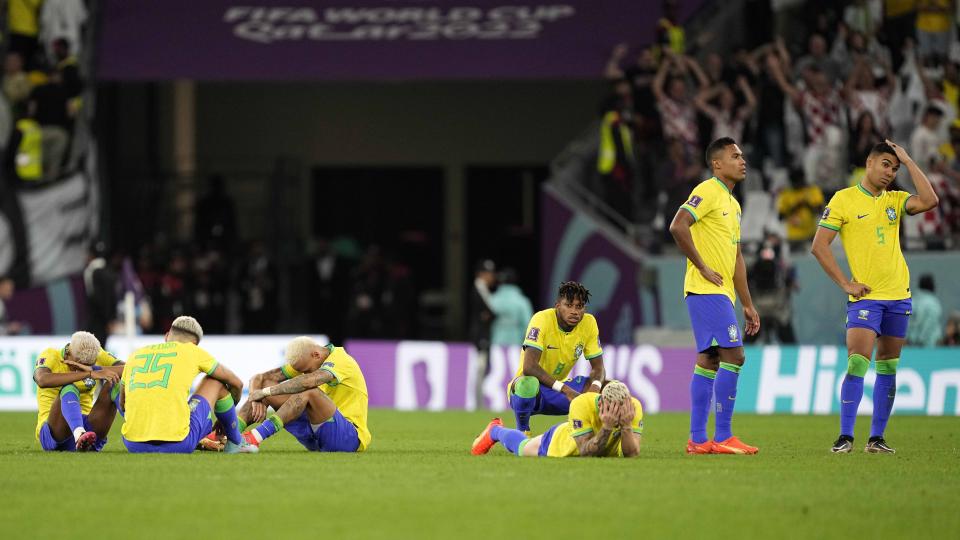 Brazil players react during the penalty shootout at the World Cup quarterfinal soccer match between Croatia and Brazil, at the Education City Stadium in Al Rayyan, Qatar, Friday, Dec. 9, 2022. (AP Photo/Martin Meissner)