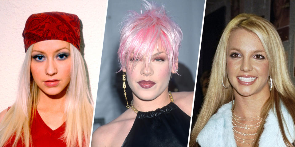 Pink, center, Christina Aguilera, left, and Britney Spears, during the early 2000s. (Getty Images)