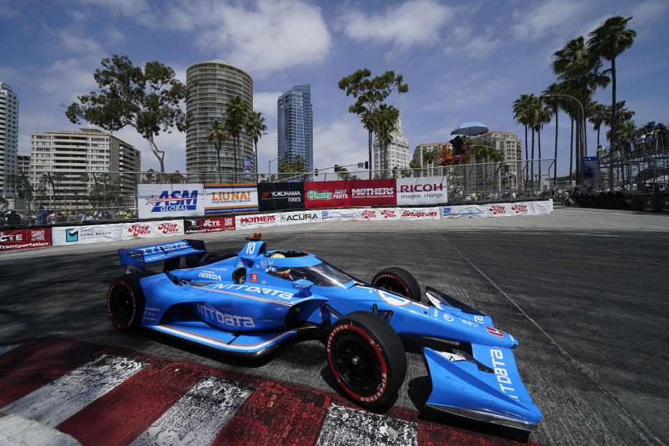 Chip Ganassi Racing driver Álex Palou (10) of Spain competes in an IndyCar auto race at the Grand Prix of Long Beach on Sunday, April 10, 2022, in Long Beach, Calif. (AP Photo/Ashley Landis)