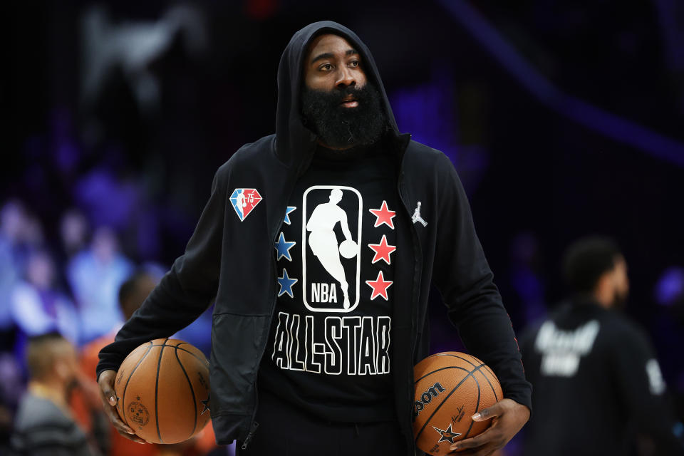 CLEVELAND, OHIO - FEBRUARY 20: James Harden #13 of Team LeBron warms up before the 2022 NBA All-Star Game at Rocket Mortgage Fieldhouse on February 20, 2022 in Cleveland, Ohio. NOTE TO USER: User expressly acknowledges and agrees that, by downloading and or using this photograph, User is consenting to the terms and conditions of the Getty Images License Agreement. (Photo by Tim Nwachukwu/Getty Images)