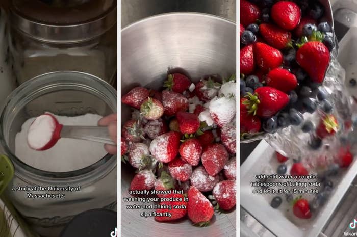 TikToker karissaathome demonstrates how to wash fruit using water and baking soda