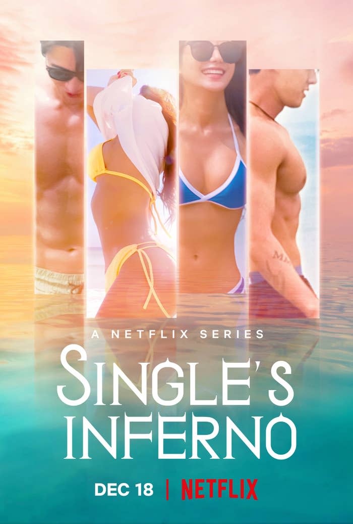 A promo poster for Single's Inferno featuring two women in bikinis and two men in swim shorts standing in the ocean