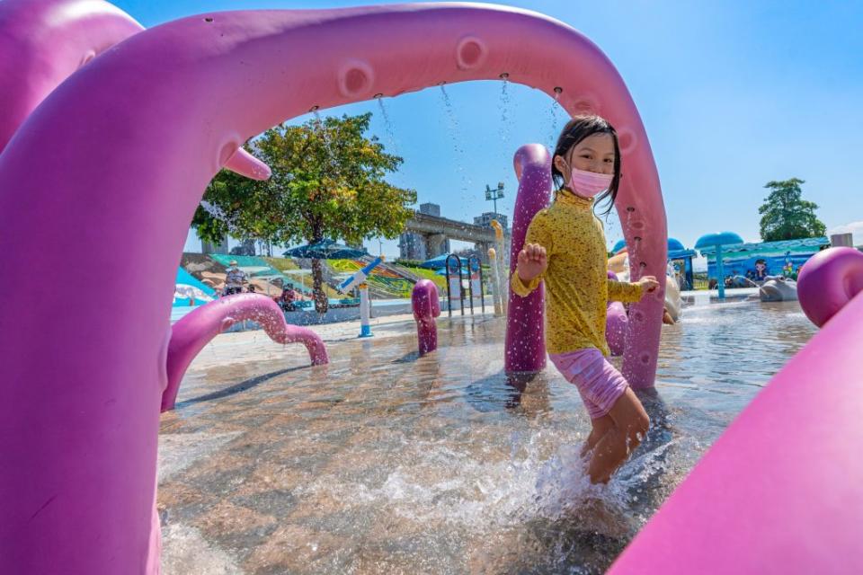 「海世界水樂園」內有多座以海洋生物為意象的親水設施，炎熱的天氣中也能讓大小朋友盡情嗨玩！(高灘地工程管理處提供)