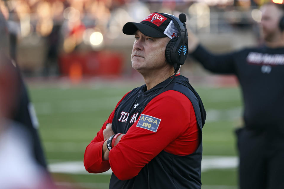 Texas Tech coach Joey McGuire watches during the first half of the team's NCAA college football game against Murray State, Saturday, Sept. 3, 2022, in Lubbock, Texas. (AP Photo/Brad Tollefson)