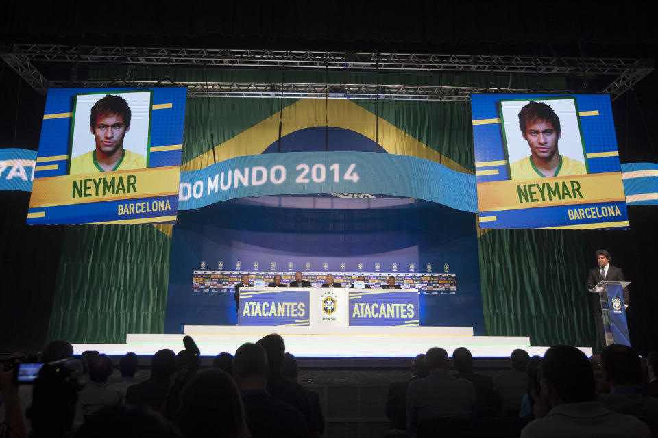 Brazil's soccer coach Luiz Felipe Scolari announces his list of players for the 2014 Soccer World Cup during a news conference in Rio de Janeiro, Brazil, Wednesday, May 7, 2014. A photo of Neymar is seen on two screens as he is announced. (AP Photo/Felipe Dana)