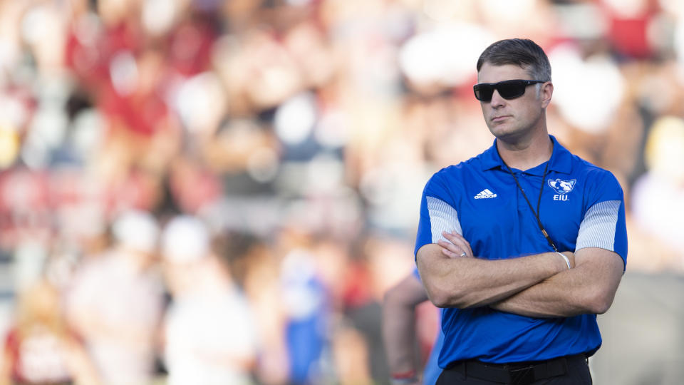 Eastern Illinois head coach Adam Cushing looks on during the first half of an NCAA college football game against South Carolina, Saturday, Sept. 4, 2021, at Williams-Brice Stadium in Columbia, S.C. (AP Photo/Hakim Wright Sr.)