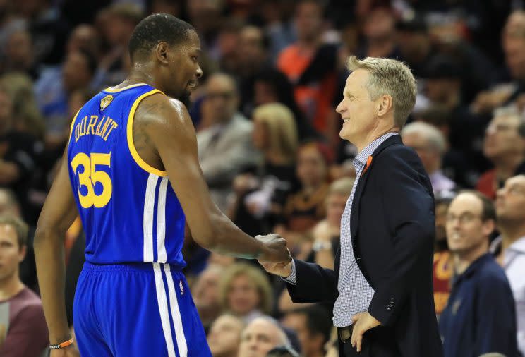 Kevin Durant has impressed Steve Kerr in a lot of ways since joining the Warriors. (Getty Images)