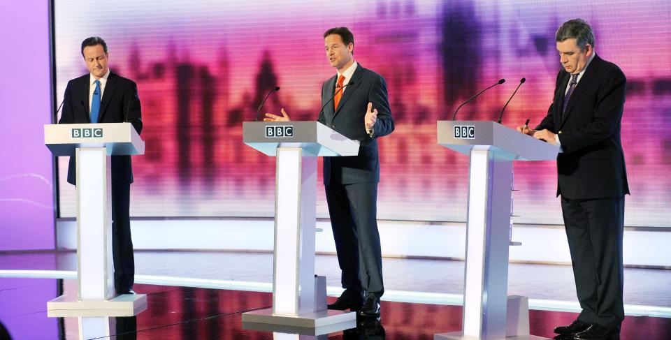 david cameron, nick clegg, gordon brown on bbc tv debate in 2018