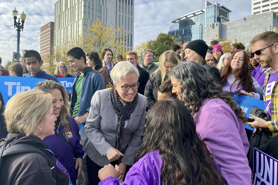 Democratic gubernatorial candidate Tina Kotek addresses supporters in Portland, Ore., on Thursday, Nov. 10, 2022, at an event. Kotek declared victory although she maintains a thin lead over Republican candidate Christine Drazan with votes left to be counted. (AP Photo/Claire Rush)