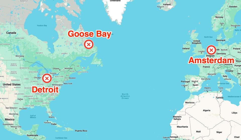 A map showing the locations of Amsterdam, Goose Bay, and Detroit.