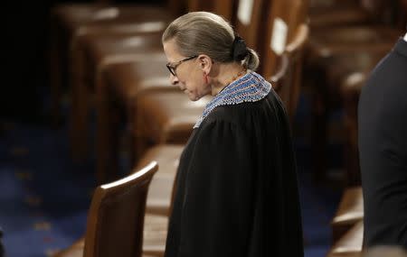 U.S. Supreme Court Associate Justice Ruth Bader Ginsburg arrives to watch U.S. President Barack Obama's State of the Union address to a joint session of the U.S. Congress on Capitol Hill in Washington, January 20, 2015. REUTERS/Joshua Roberts