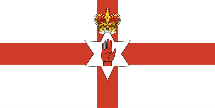 <span class="caption">The Red Hand of Ulster, once used on the official flag of Northern Ireland, has provoked debate for at least 400 years.</span> <span class="attribution"><a class="link " href="https://commons.wikimedia.org/wiki/File:Ulster_Banner.svg" rel="nofollow noopener" target="_blank" data-ylk="slk:Wikipedia;elm:context_link;itc:0;sec:content-canvas">Wikipedia</a>, <a class="link " href="http://creativecommons.org/licenses/by/4.0/" rel="nofollow noopener" target="_blank" data-ylk="slk:CC BY;elm:context_link;itc:0;sec:content-canvas">CC BY</a></span>