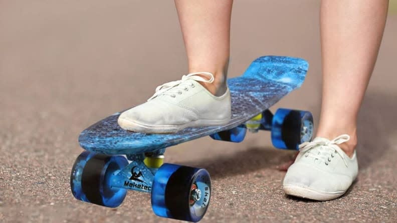 Get your wheels rolling with this penny board.