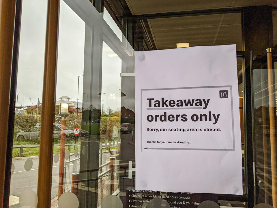 A sign at a Mcdonald's branch in Leamington Spa, Warwickshire. All McDonalds restaurants in the UK and Ireland become takeaways, drive-thrus and delivery operations as the company attempts to cope with the coronavirus outbreak.