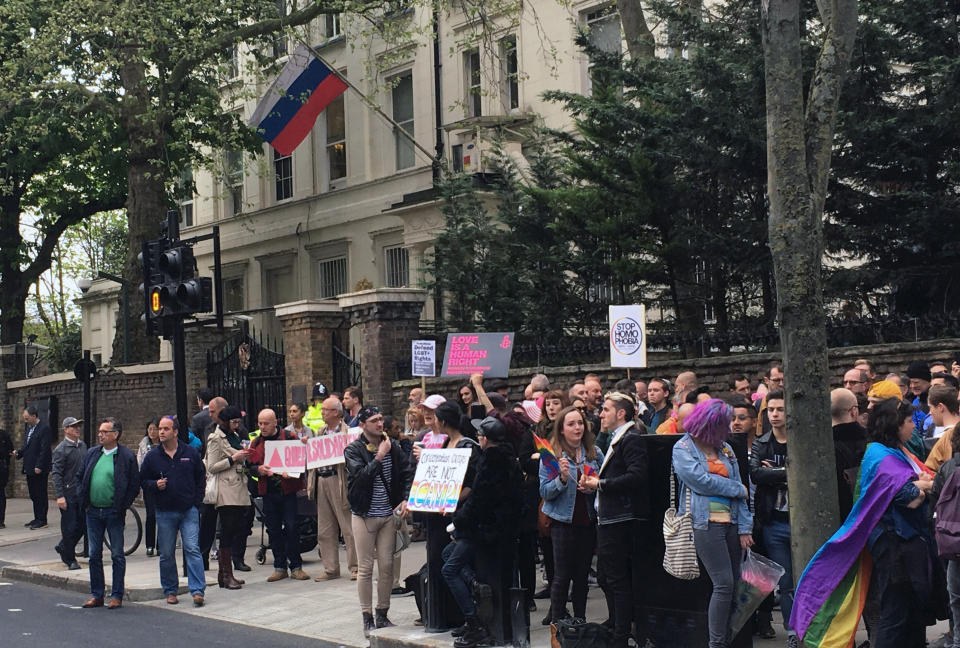 People protest outside the Russian Embassy in London, following reports of the torture and murder of gay men in Chechnya, Wednesday April 12, 2017. The United Nations’ High Commissioner for Human Rights called upon the Russian government in a statement “to put an end to the persecution of people perceived to be gay or bisexual, while Chechen authorities denied the reports, and spokesman for leader Ramzan Kadyrov insisted there were no gay people in Chechnya. (Thomas Hornall/PA via AP)