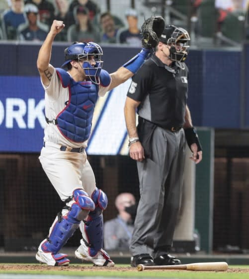 Arlington, Texas, Wednesday, October 7, 2020. Catcher Austin Barnes celebrates.