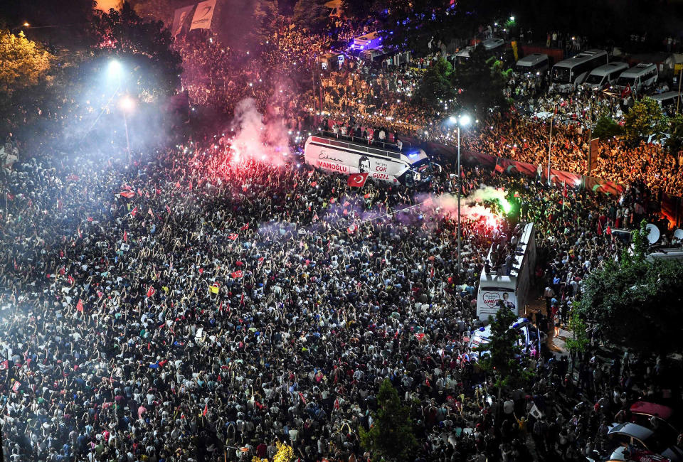 Thousands gathered to celebrate after the opposition candidate, Ekrem Imamoglu, emerged as winner of the repeat mayoral election in Istanbul on June 23, 2019.<span class="copyright">STR/AFP/Getty Images</span>