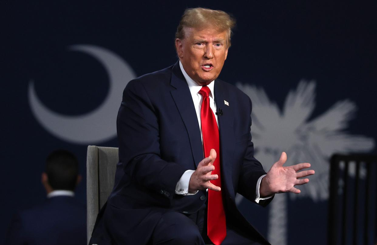 Republican presidential candidate, former US President Donald Trump speaks during a Fox News town hall (Getty Images)