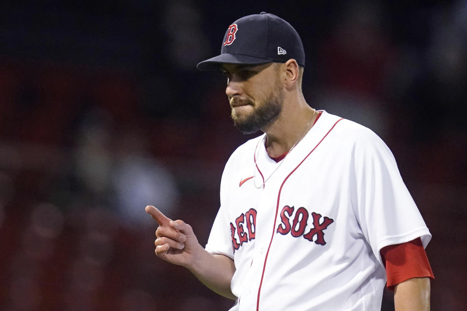 Boston Red Sox relief pitcher Matt Barnes reacts after getting Detroit Tigers designated hitter Miguel Cabrera to ground into a double play to end the top of the eighth inning of a baseball game at Fenway Park, Tuesday, May 4, 2021, in Boston. (AP Photo/Charles Krupa)