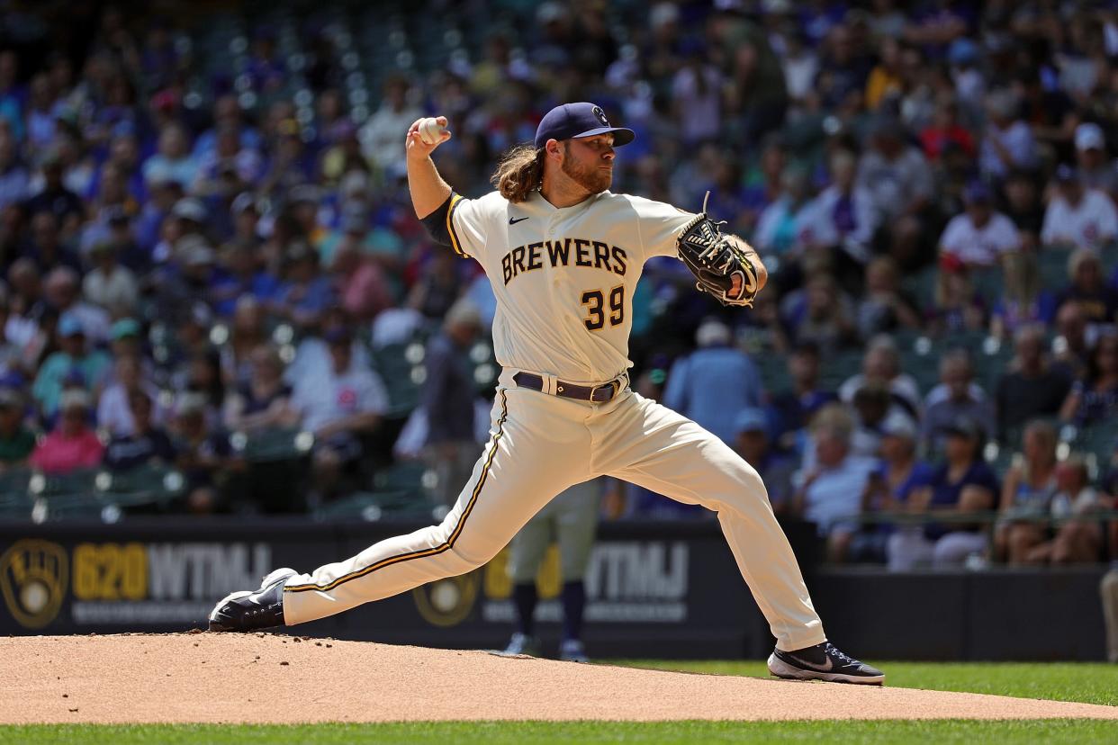 Corbin Burnes throws a pitch during the first inning against the Chicago Cubs at American Family Field on July 6, 2022.