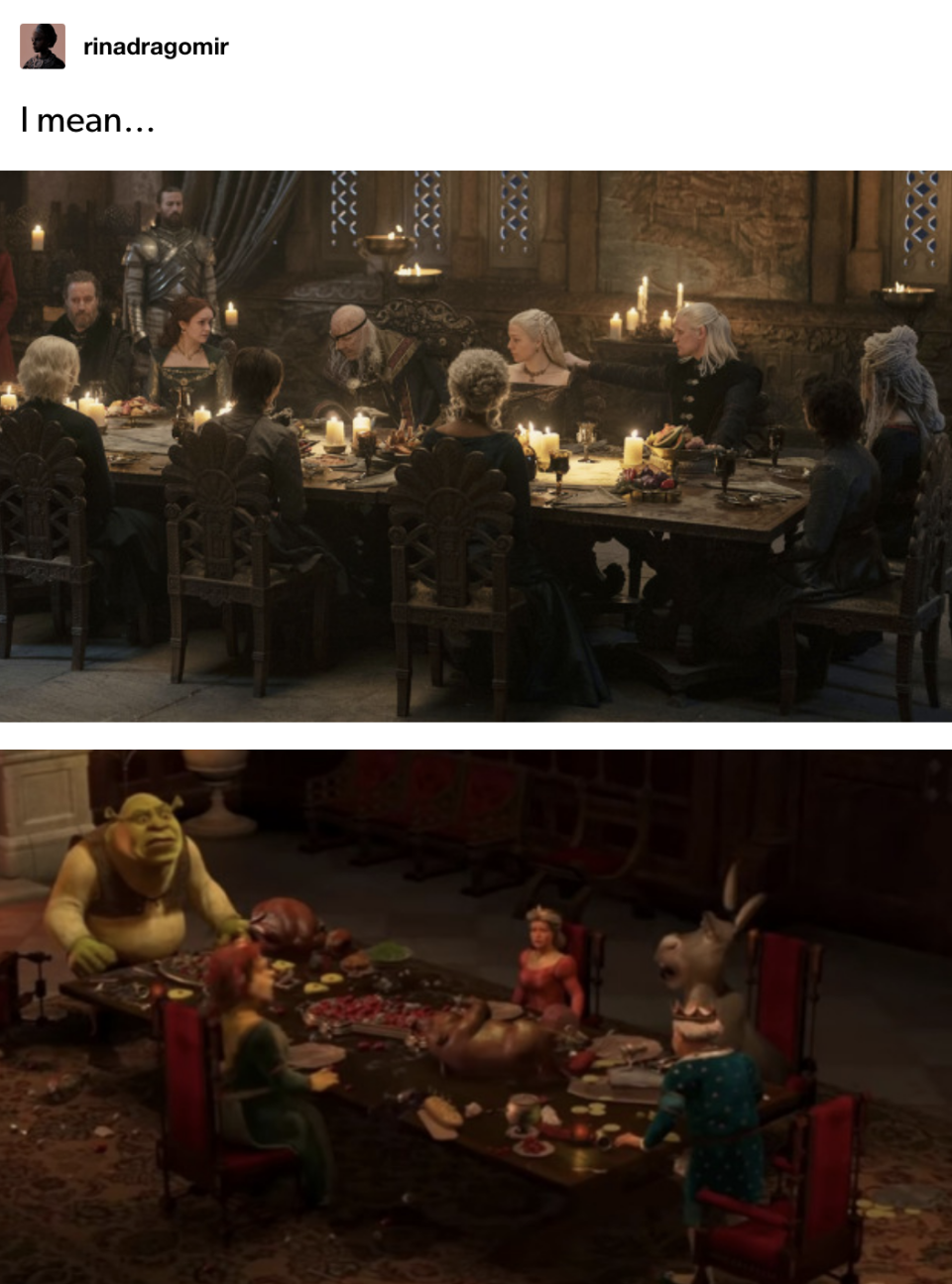 "The Last Supper" with Viserys above a scene from Shrek 2 around a dining table