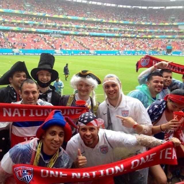 Zach Rambach, upper left, attends a World Cup game between the United States and Germany in Brazil in 2014.